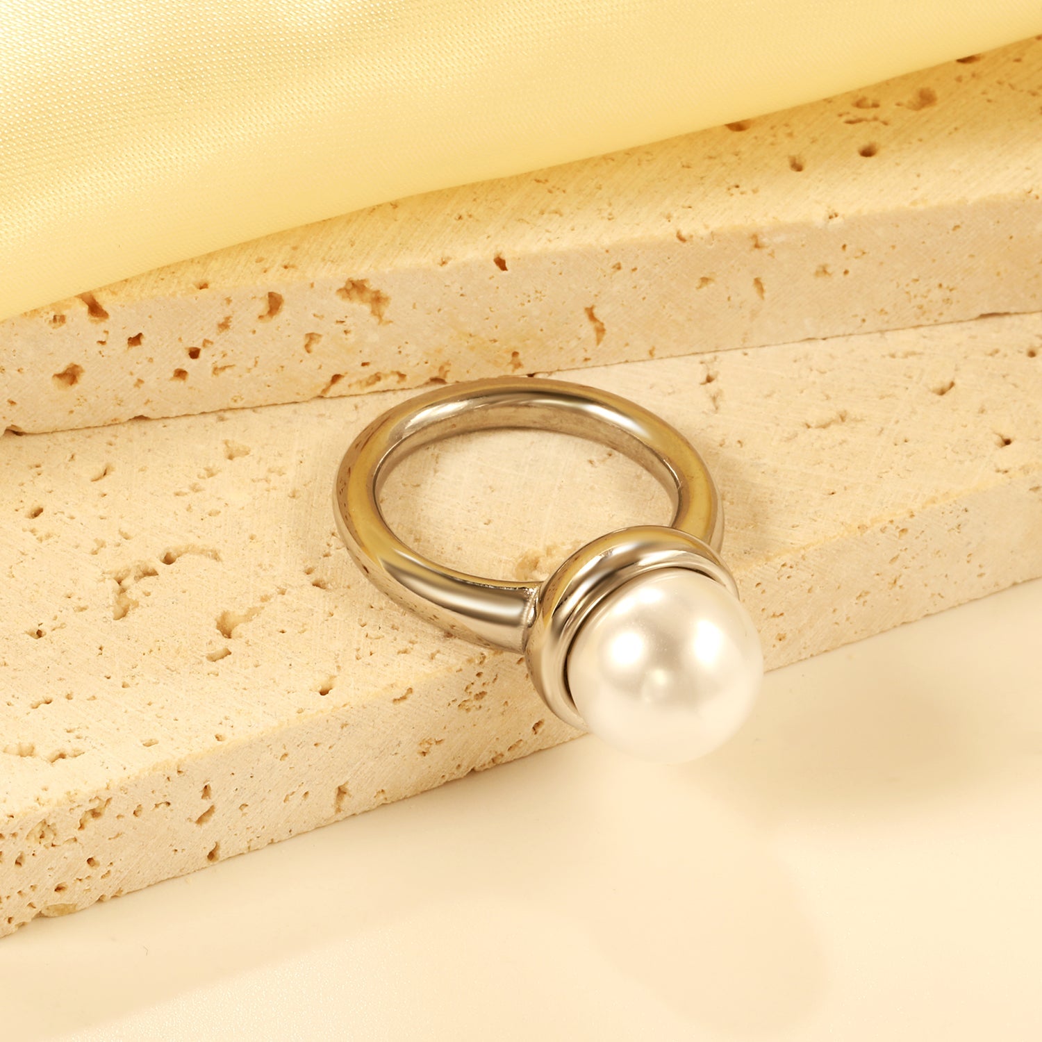 Minimalist band ring with oversized white round pearls. asonjewelry