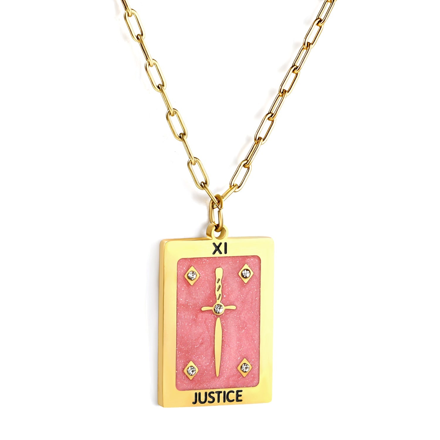 Spring 2024 Rectangle Long Sword Pink Pattern Pendant 16*22mm Necklace 45+5cm asonjewelry