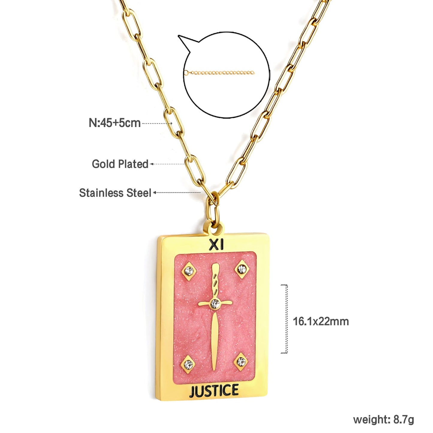 Spring 2024 Rectangle Long Sword Pink Pattern Pendant 16*22mm Necklace 45+5cm asonjewelry