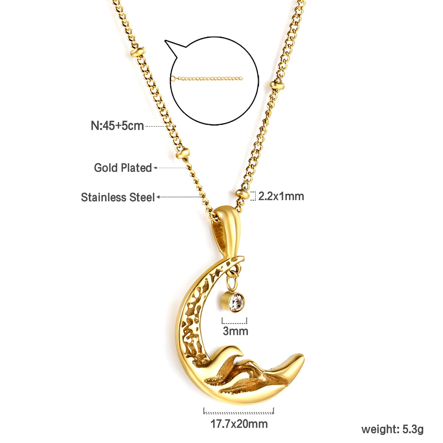 2024 Spring Moon Accessories 17.7*20mm with pendant diamond 3mm necklace 45+5cm asonjewelry