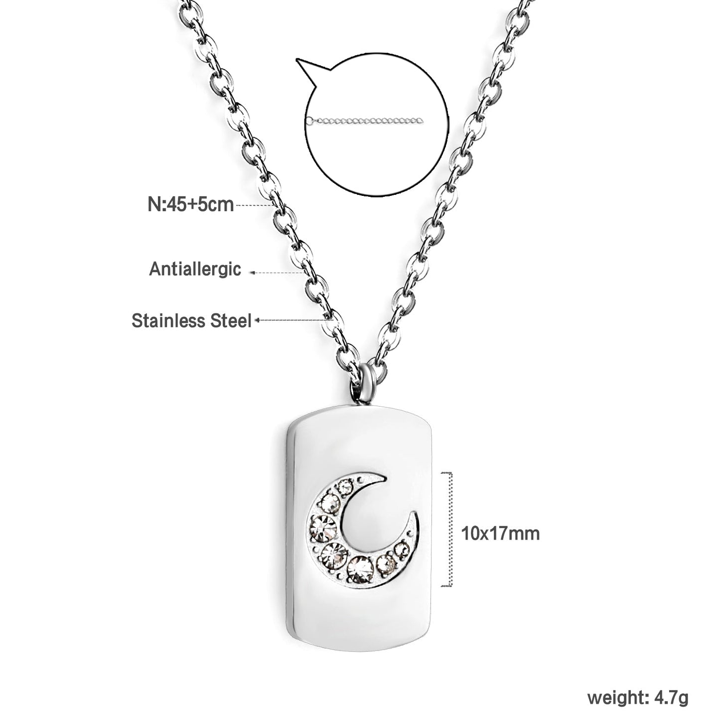 Rectangle pendant with moon and diamonds 10*17mm necklace 45+5cm asonjewelry