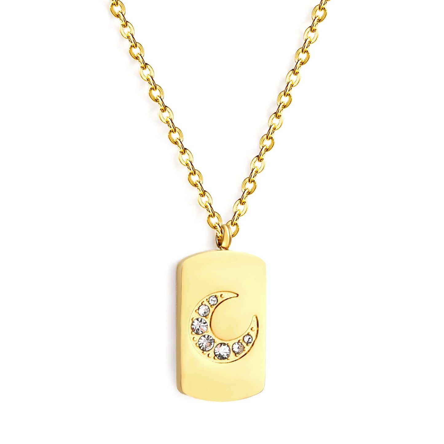 Rectangle pendant with moon and diamonds 10*17mm necklace 45+5cm asonjewelry