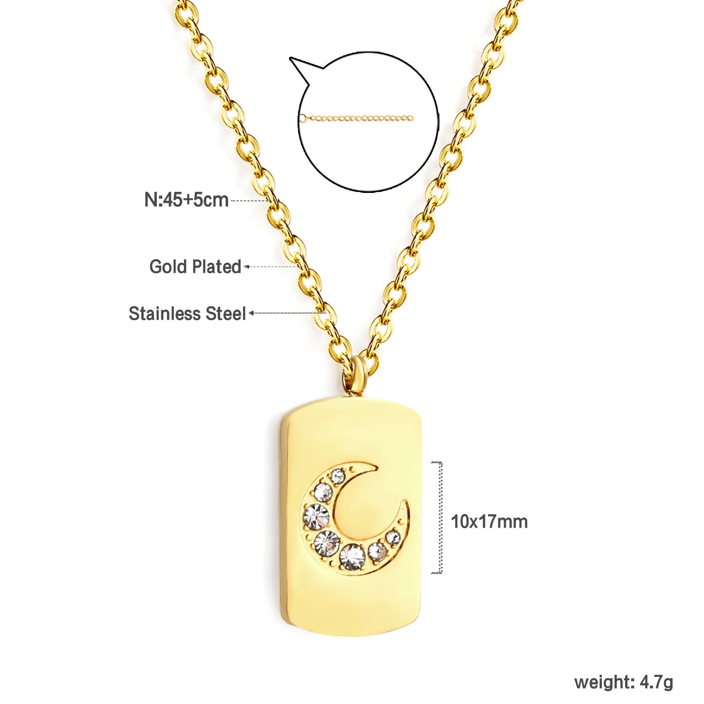 Rectangle pendant with moon and diamonds 10*17mm necklace 45+5cm asonjewelry