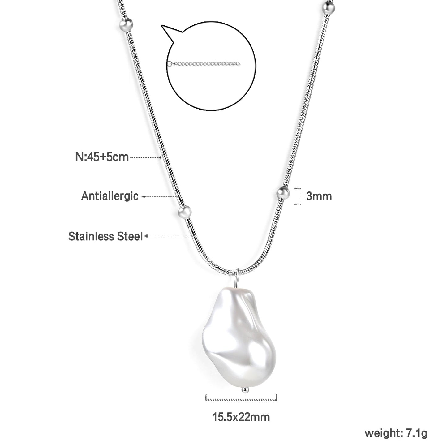 Shaped white pearl pendant 15.5*22mm necklace 45+5cm asonjewelry