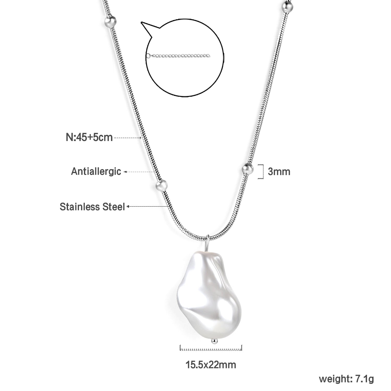 Shaped white pearl pendant 15.5*22mm necklace 45+5cm asonjewelry