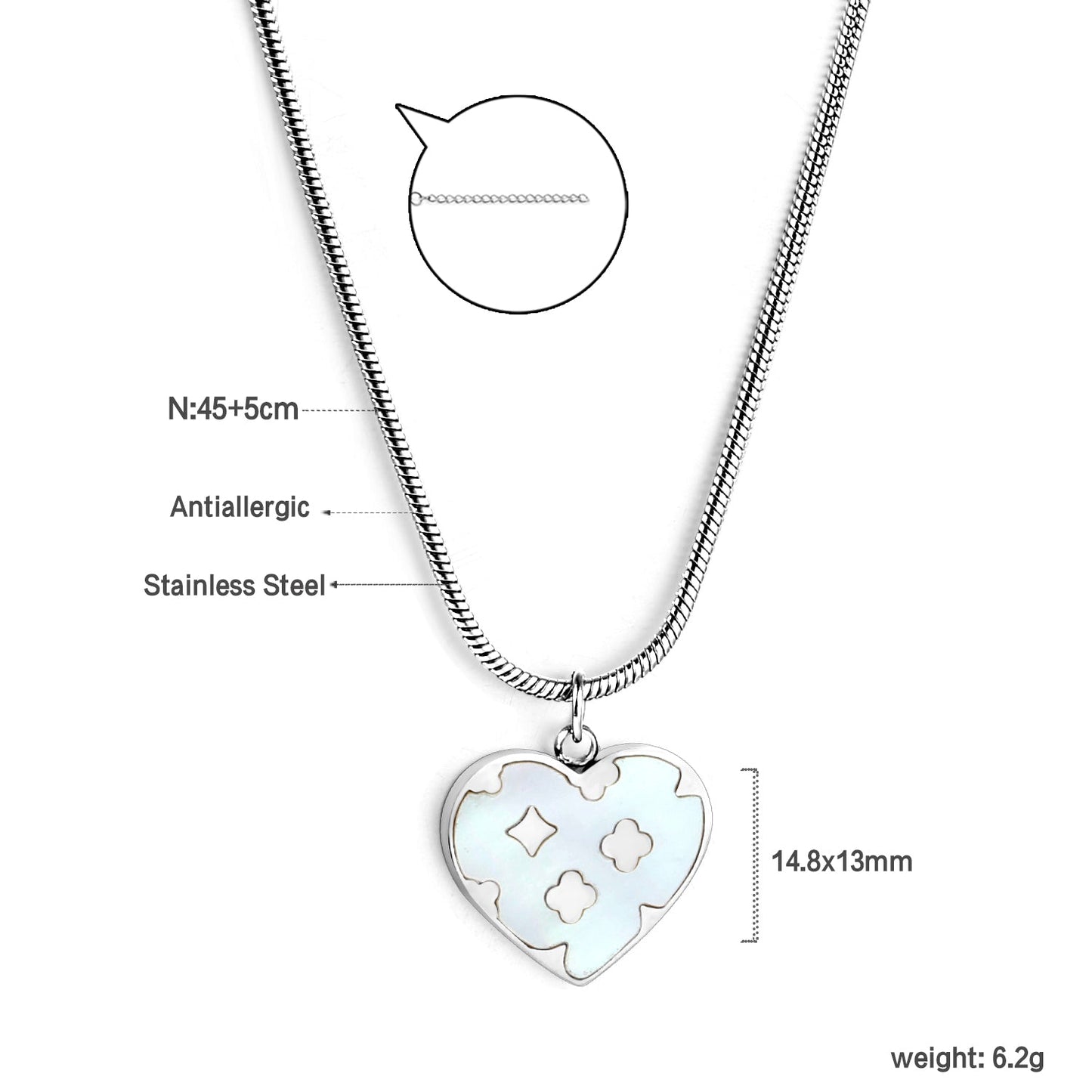 Heart with Clover Pattern White Shell Pendant 14.8*13mm Necklace 45+5cm asonjewelry