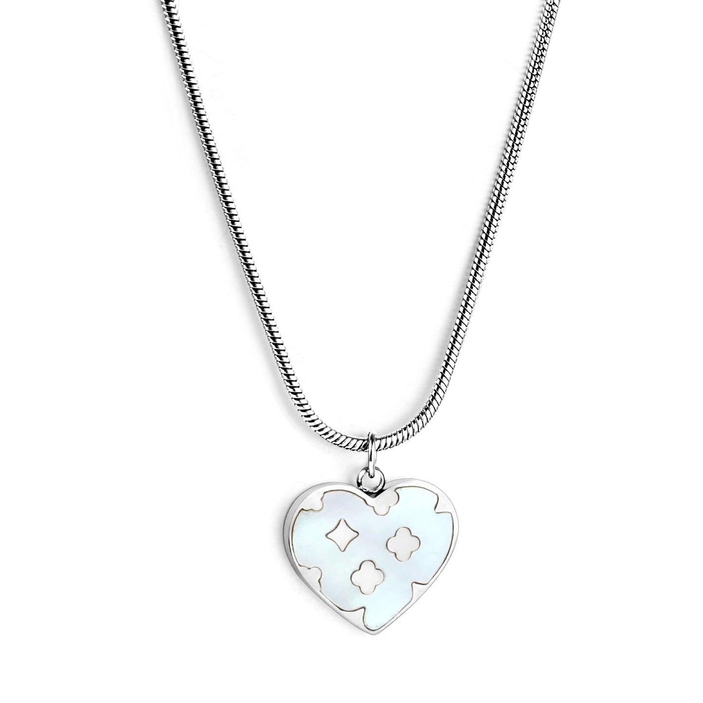 Heart with Clover Pattern White Shell Pendant 14.8*13mm Necklace 45+5cm asonjewelry