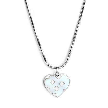 Heart with Clover Pattern White Shell Pendant 14.8*13mm Necklace 45+5cm asonjewelry