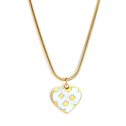 Heart with Clover Pattern White Shell Pendant 14.8*13mm Necklace 45+5cm asonjewelry