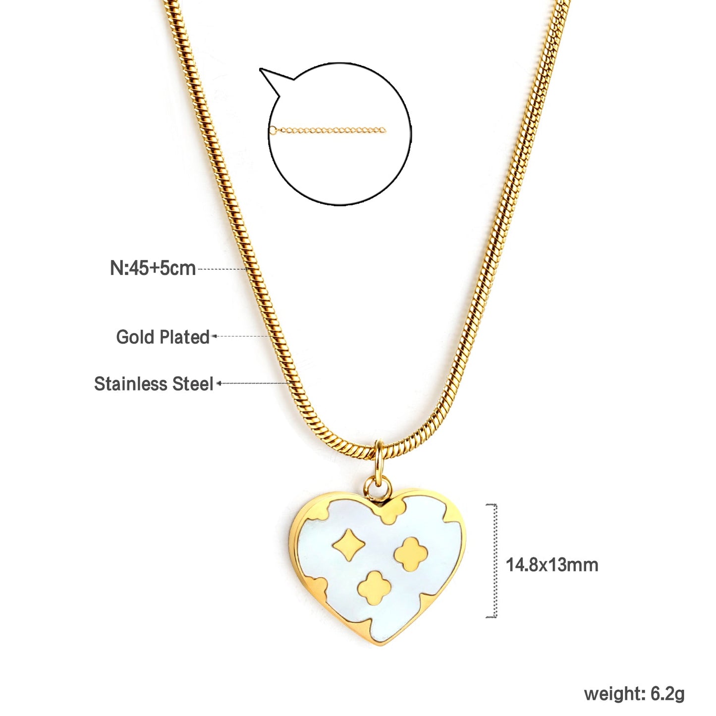 Heart with Clover Pattern White Shell Pendant 14.8*13mm Necklace 45+5cm asonjewelry