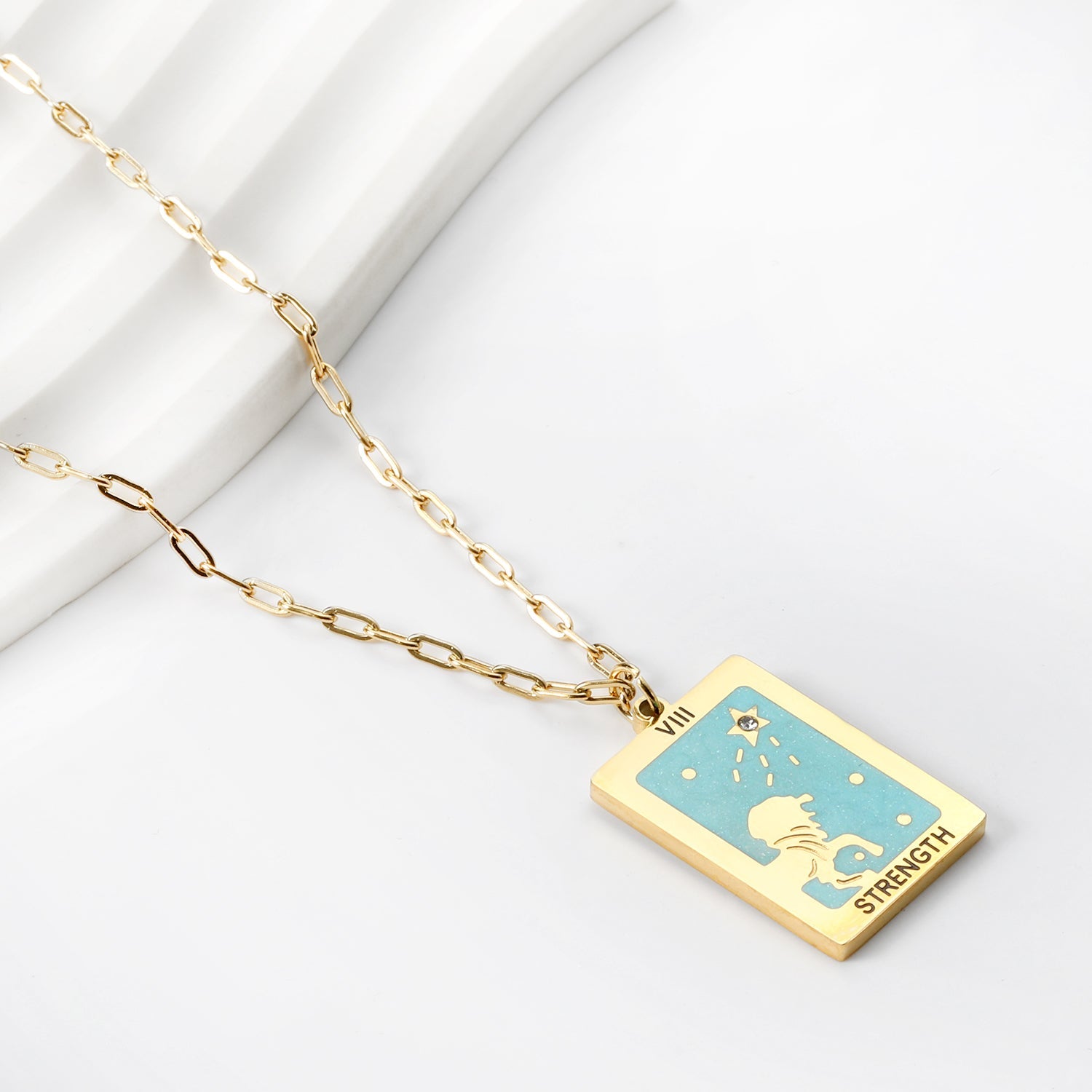 Spring 2024 Rectangle Lion Lake Blue Pattern Pendant 16*22mm Necklace 45+5cm asonjewelry