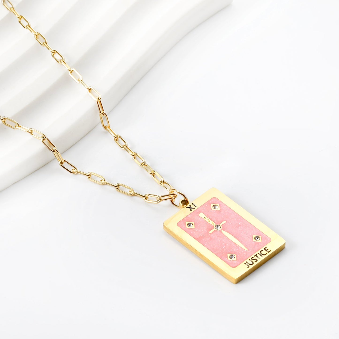 Spring 2024 Rectangle Long Sword Pink Pattern Pendant 16*22mm Necklace 45+5cm asonjewelry