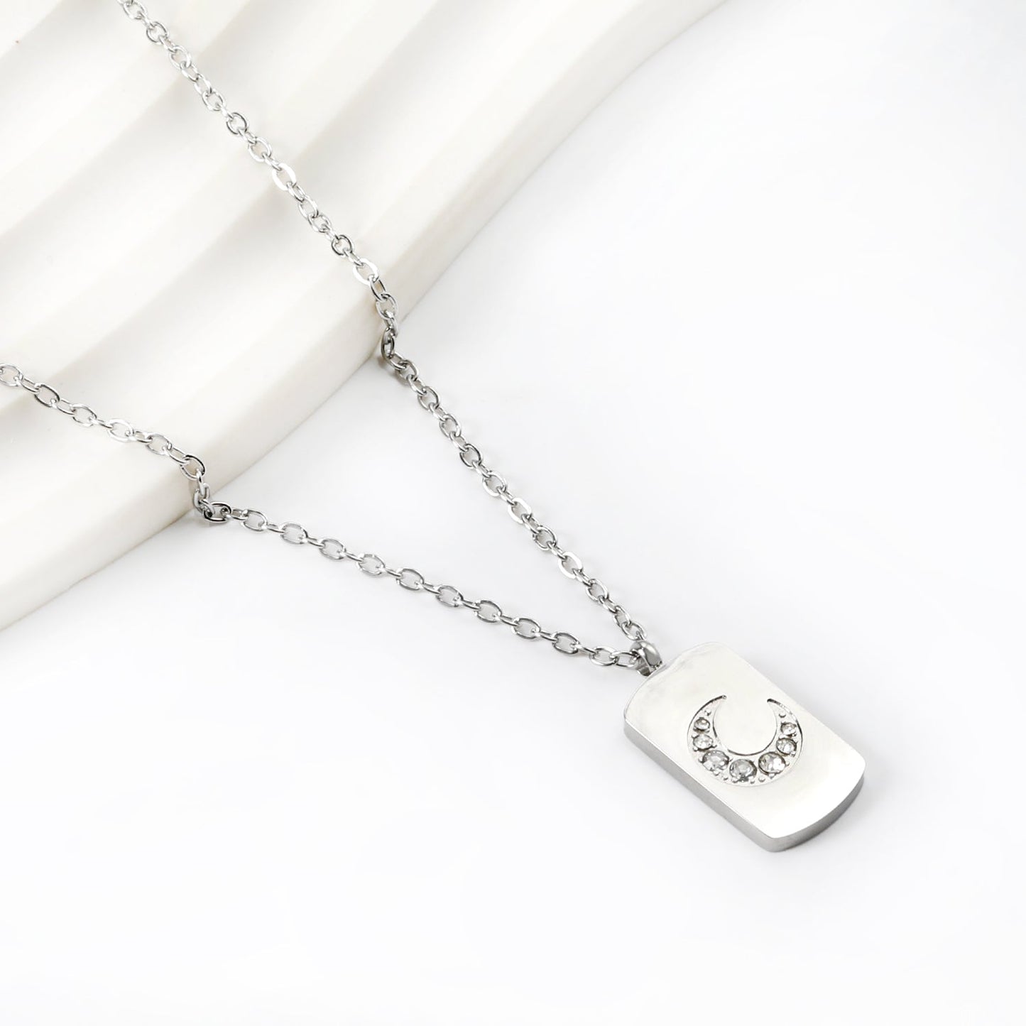Rectangle pendant with moon and diamonds 10*17mm necklace 45+5cm asonjewelry