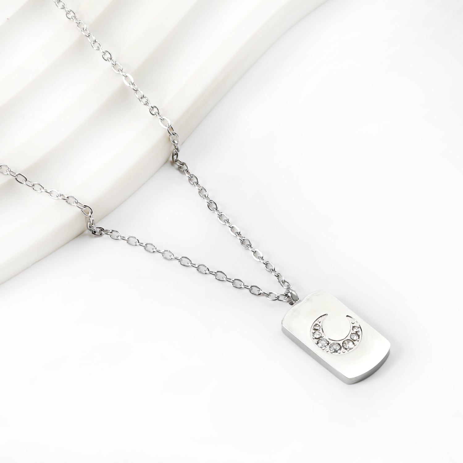 Rectangle pendant with moon and diamonds 10*17mm necklace 45+5cm asonjewelry