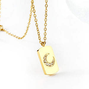 Rectangle pendant with moon and diamonds 10*17mm necklace 45+5cm