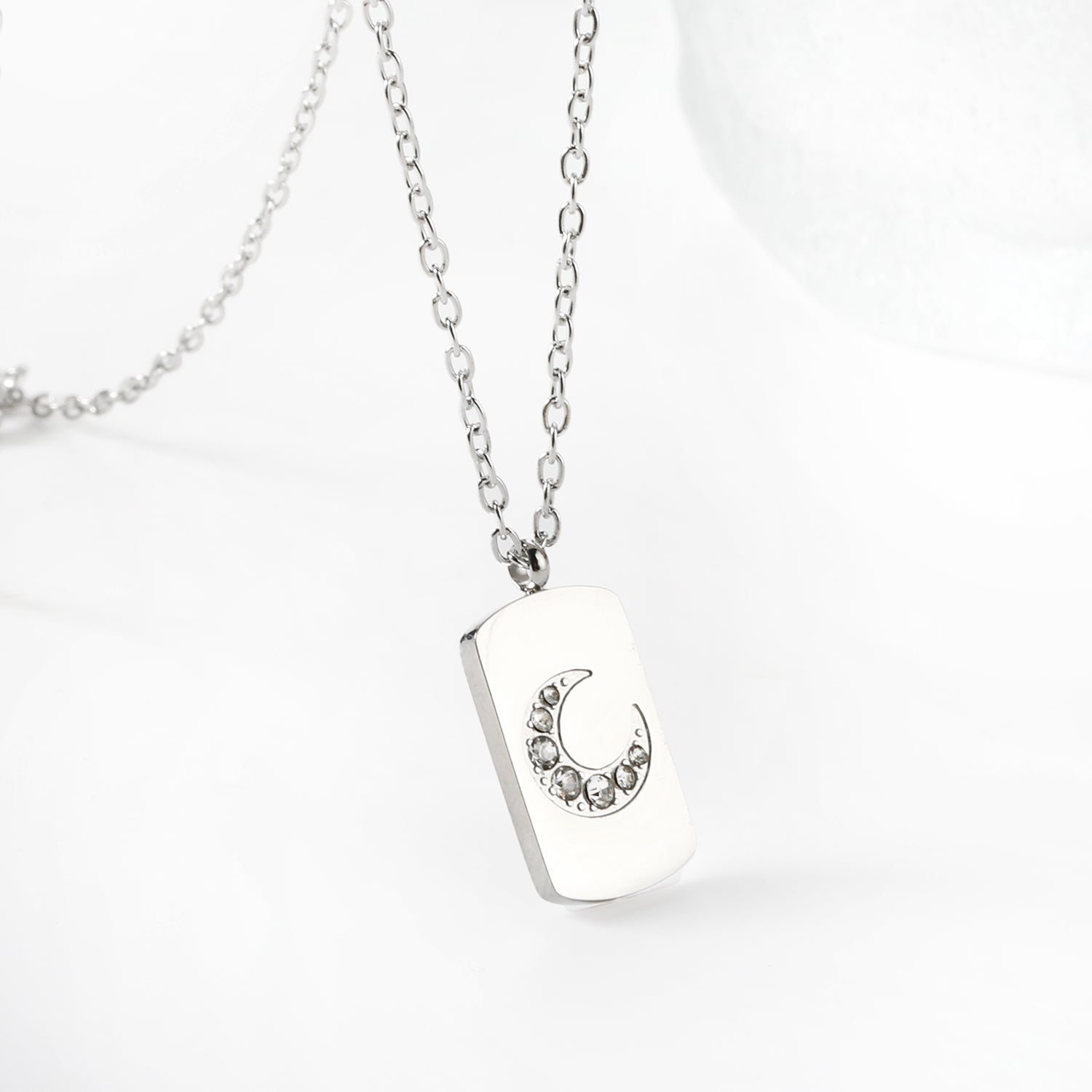 Rectangle pendant with moon and diamonds 10*17mm necklace 45+5cm asonjewelry