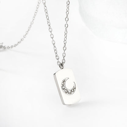 Rectangle pendant with moon and diamonds 10*17mm necklace 45+5cm asonjewelry