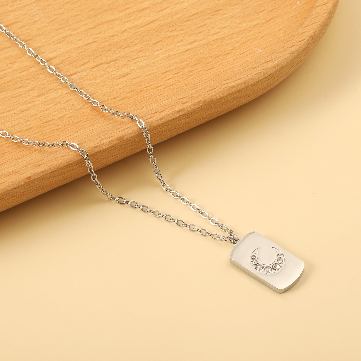 Rectangle pendant with moon and diamonds 10*17mm necklace 45+5cm asonjewelry