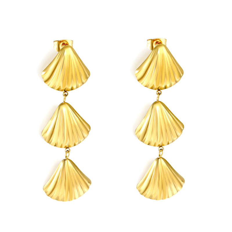 18 x 20mm three-shell fringe pendant ear stud, gold
