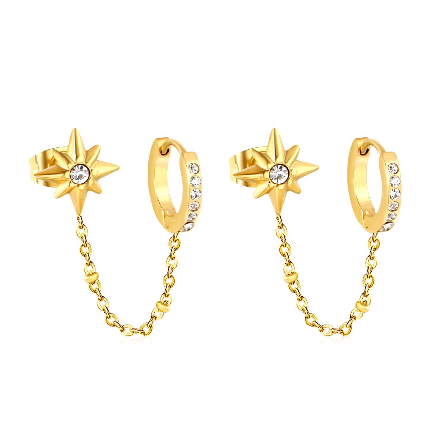 9x11mm Eight-Pointed Star with Diamonds 2x9mm Inner + 14x15mm Ear Hook Circle with Diamonds, Gold asonjewelry