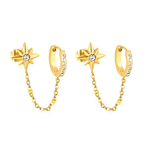 9x11mm Eight-Pointed Star with Diamonds 2x9mm Inner + 14x15mm Ear Hook Circle with Diamonds, Gold