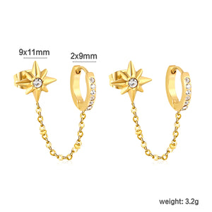 9x11mm Eight-Pointed Star with Diamonds 2x9mm Inner + 14x15mm Ear Hook Circle with Diamonds, Gold
