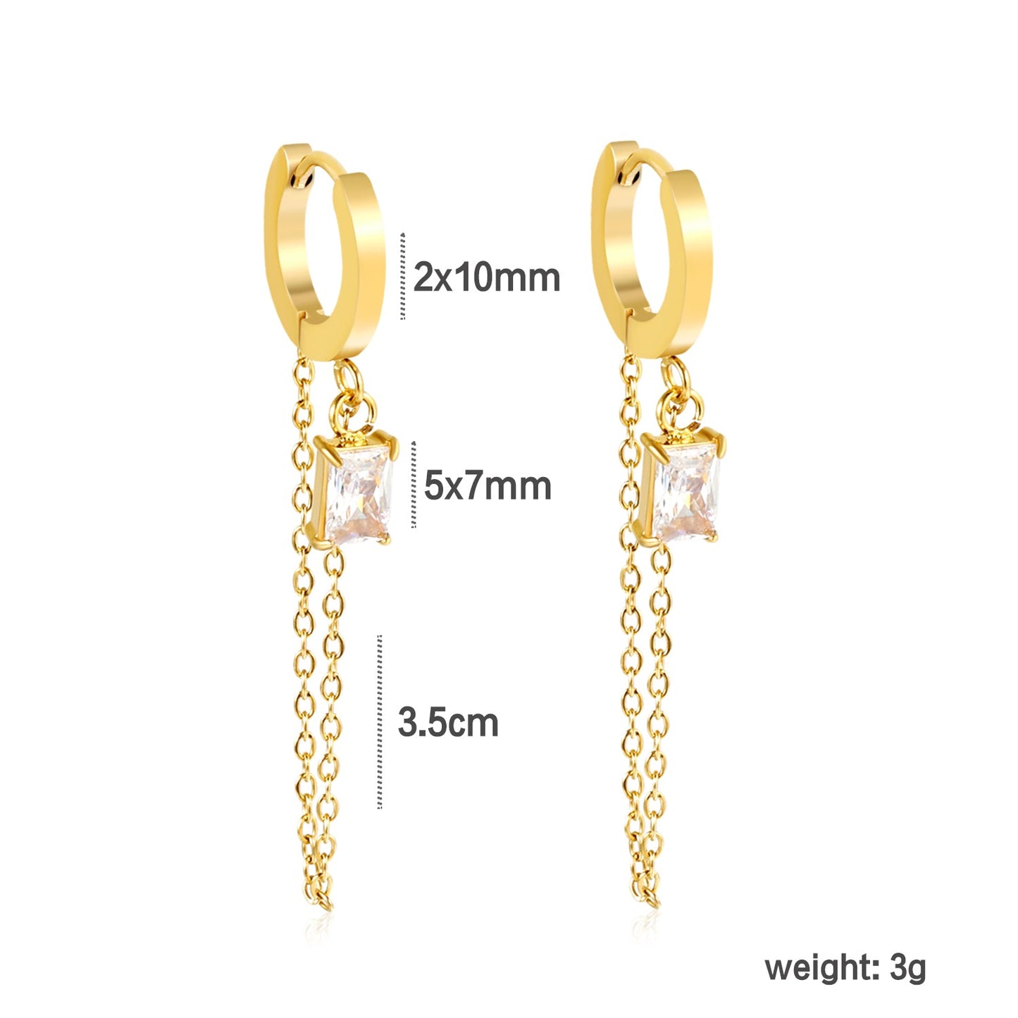 2.0*10mm ear hook 5*7mm white/green/pink/purple zirconia 3.5cm tassel earrings Gold asonjewelry