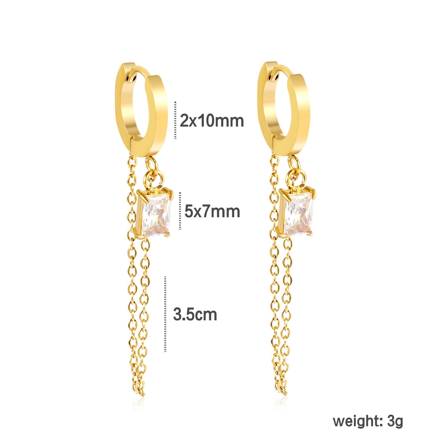 2.0*10mm ear hook 5*7mm white/green/pink/purple zirconia 3.5cm tassel earrings Gold asonjewelry