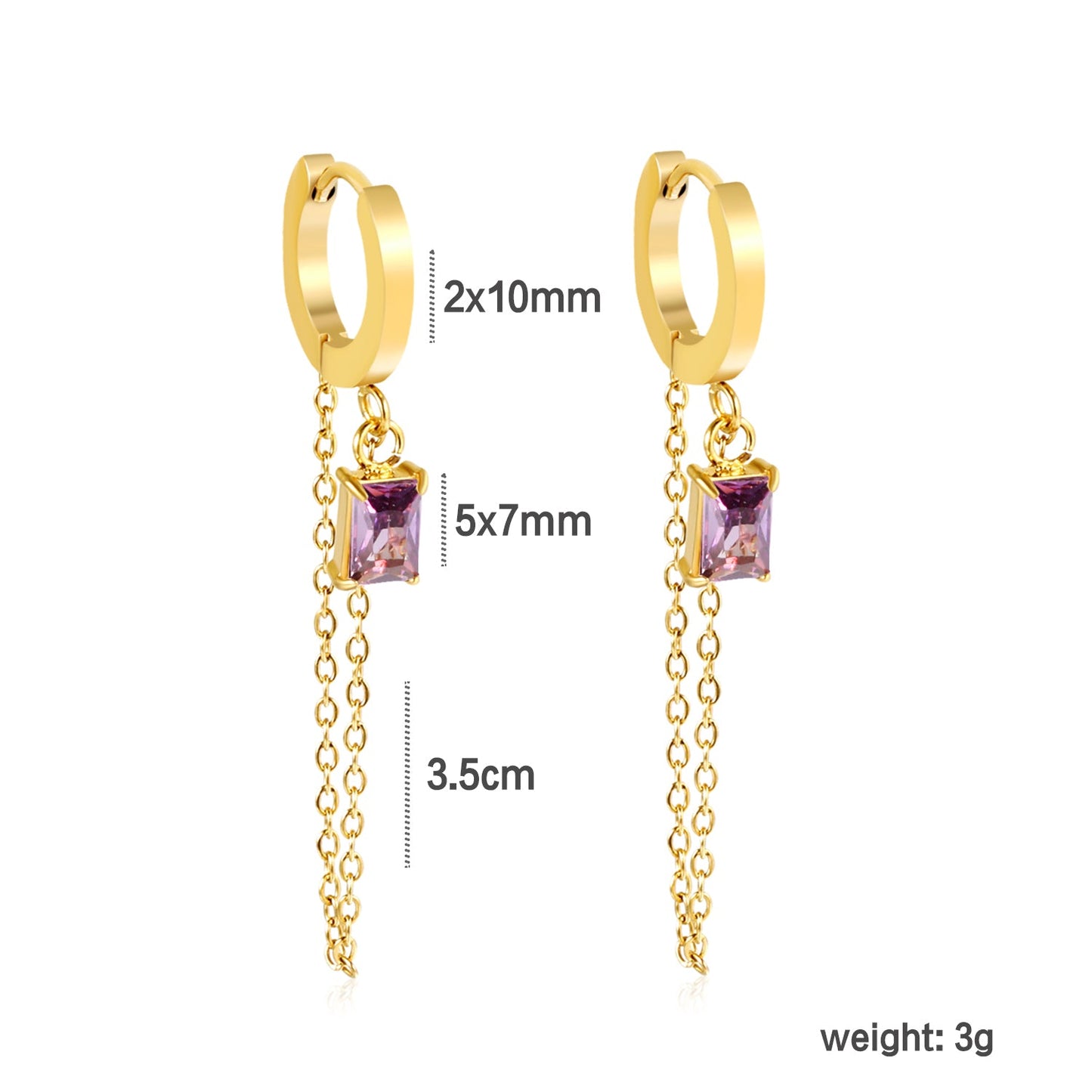 2.0*10mm ear hook 5*7mm white/green/pink/purple zirconia 3.5cm tassel earrings Gold asonjewelry