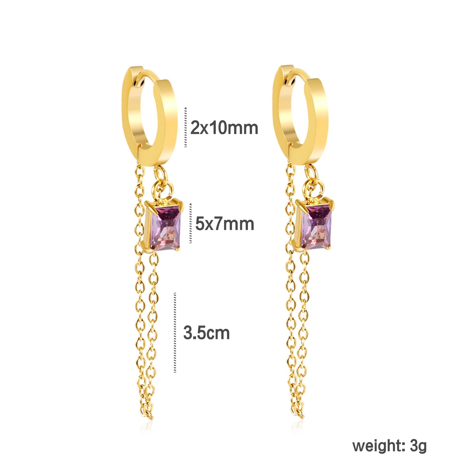 2.0*10mm ear hook 5*7mm white/green/pink/purple zirconia 3.5cm tassel earrings Gold asonjewelry