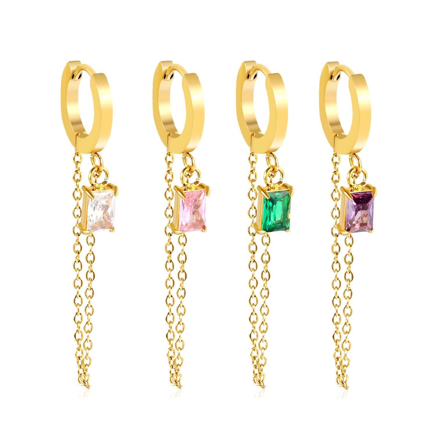 2.0*10mm ear hook 5*7mm white/green/pink/purple zirconia 3.5cm tassel earrings Gold asonjewelry