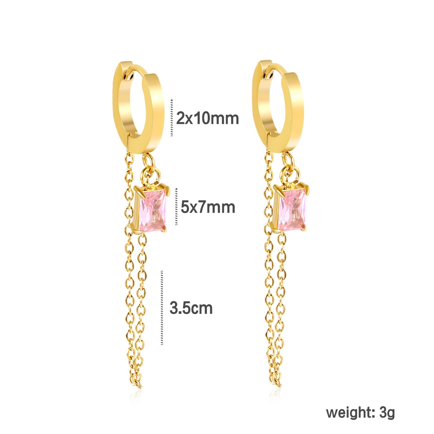 2.0*10mm ear hook 5*7mm white/green/pink/purple zirconia 3.5cm tassel earrings Gold asonjewelry
