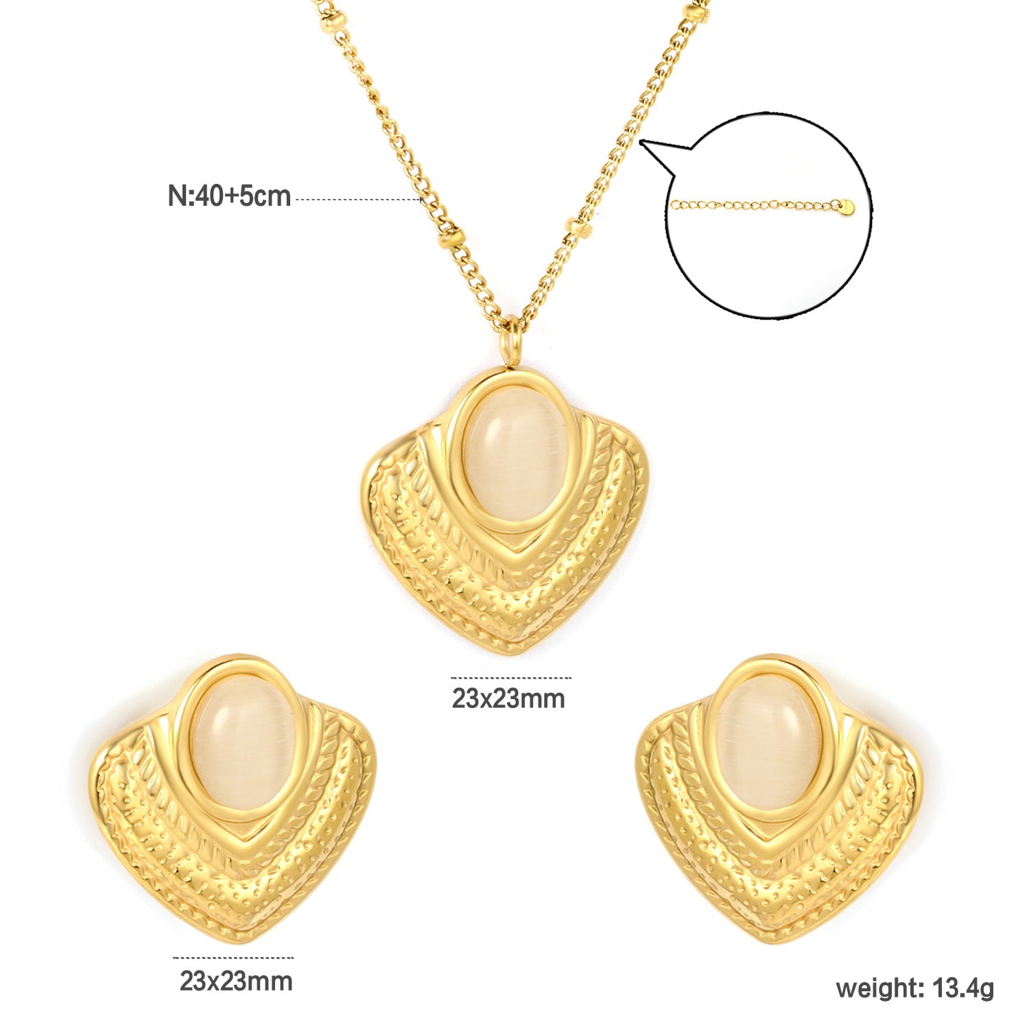 Emerald/White Cat's Eye Cat's Eye Fan-Shaped Set 0.4 Side-Mounted Pearl Chain 40+5cm+6mm Round Pendant Fan-Shaped Set Gold asonjewelry