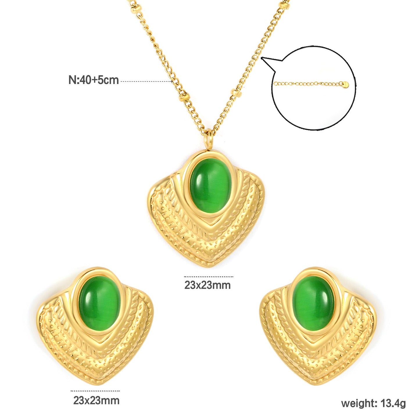 Emerald/White Cat's Eye Cat's Eye Fan-Shaped Set 0.4 Side-Mounted Pearl Chain 40+5cm+6mm Round Pendant Fan-Shaped Set Gold asonjewelry