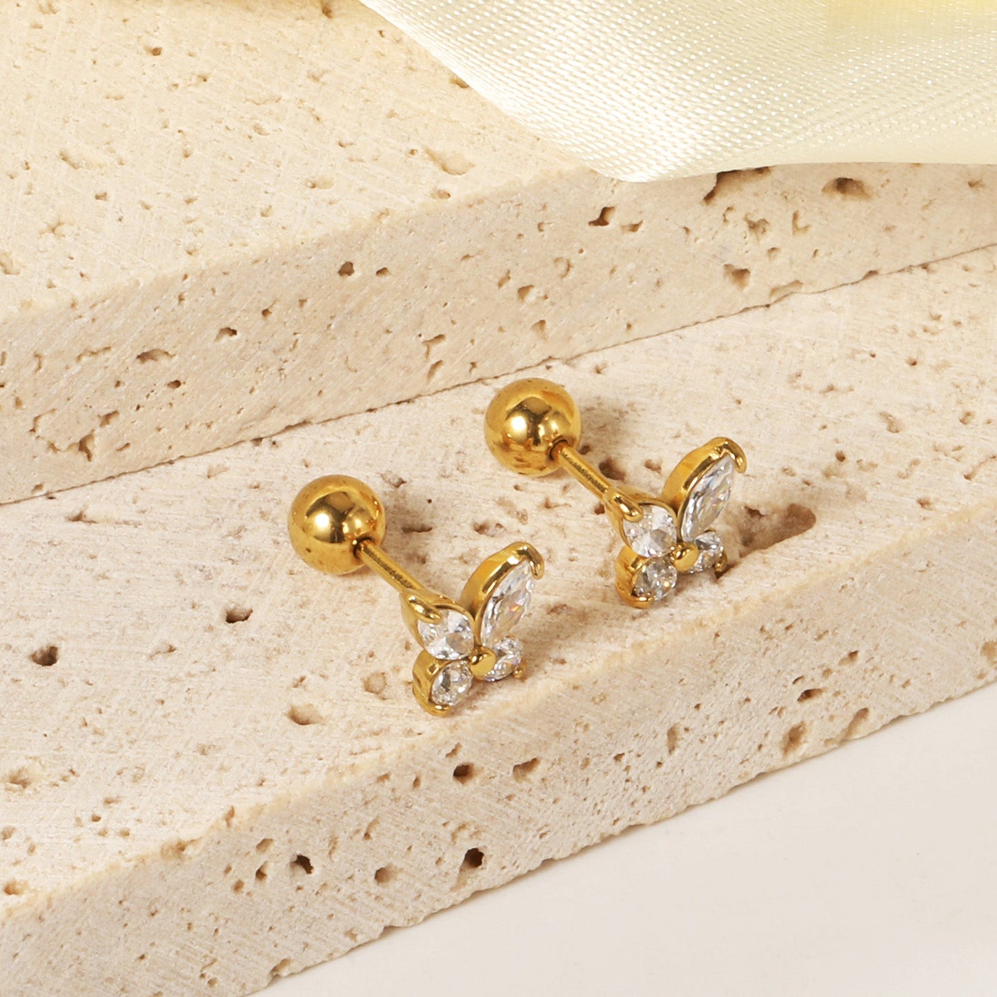 Steel Screw Butterfly with White Diamonds & Mixed Diamonds Earrings 9.2*8.3mm asonjewelry