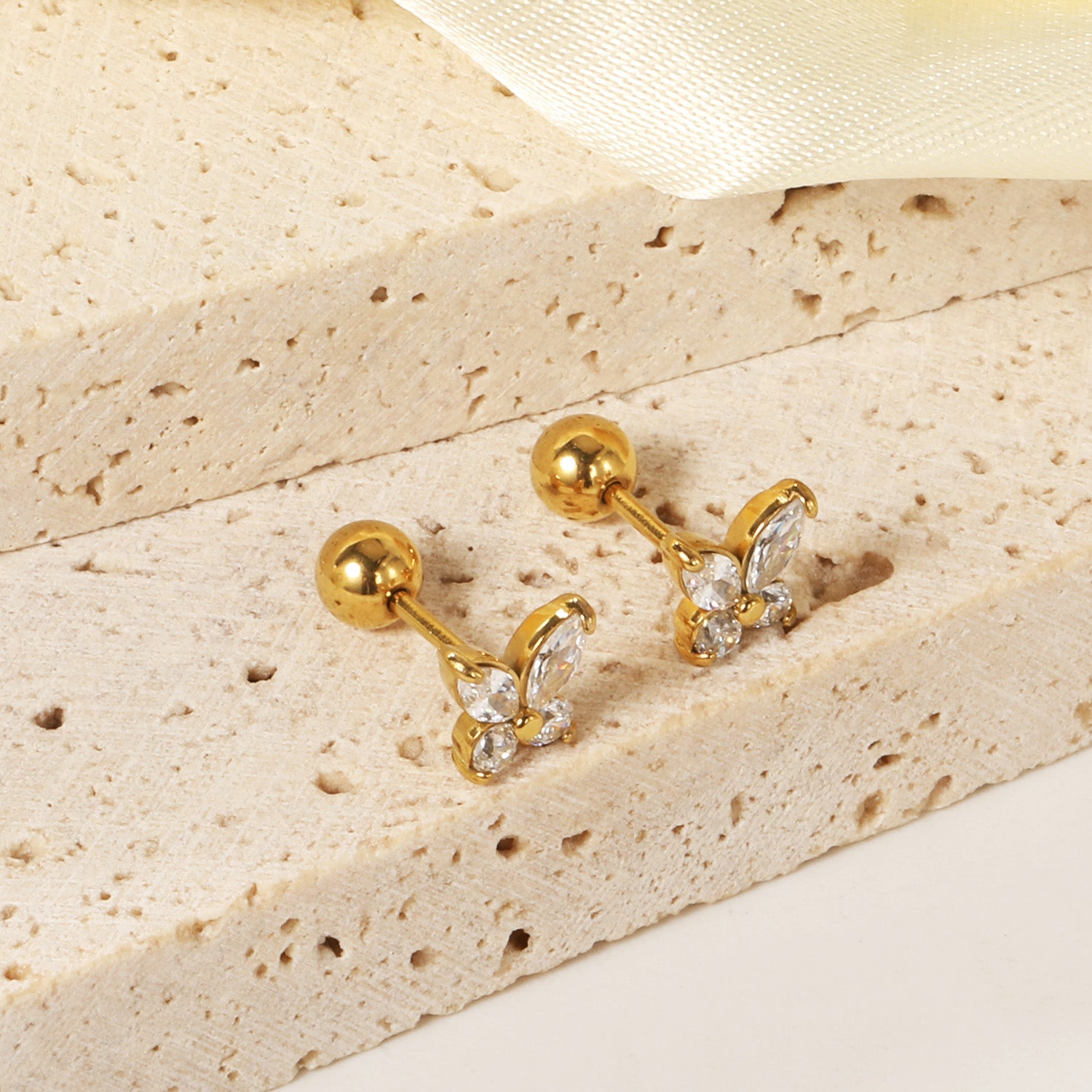 Steel Screw Butterfly with White Diamonds & Mixed Diamonds Earrings 9.2*8.3mm asonjewelry