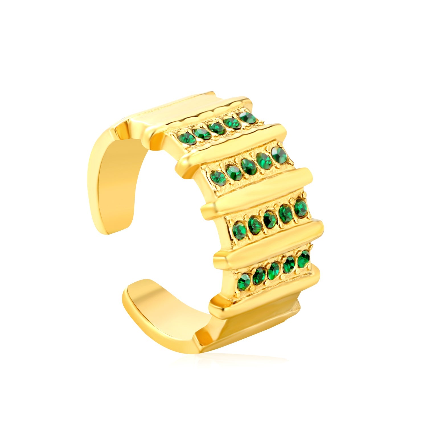 13mm Gold Open Ring with Organ - Shaped Band & White / Emerald Diamond Accents asonjewelry