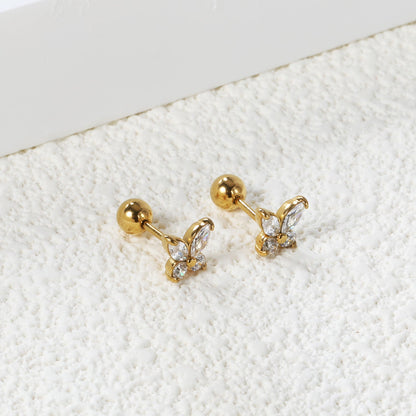 Steel ball screw-in butterfly with white diamond earrings 6*6mm asonjewelry