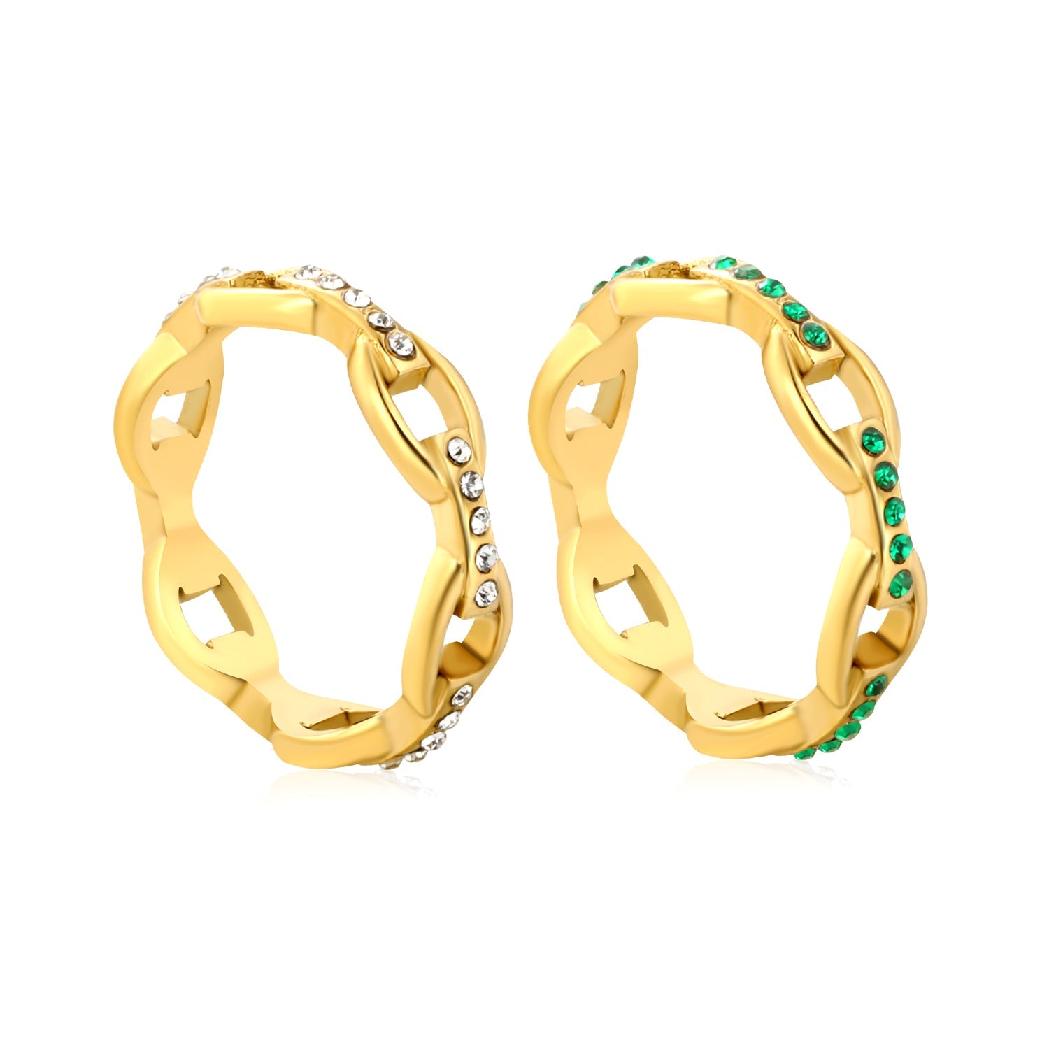 5mm high single-link chain with white/emerald green diamonds, gold ring asonjewelry