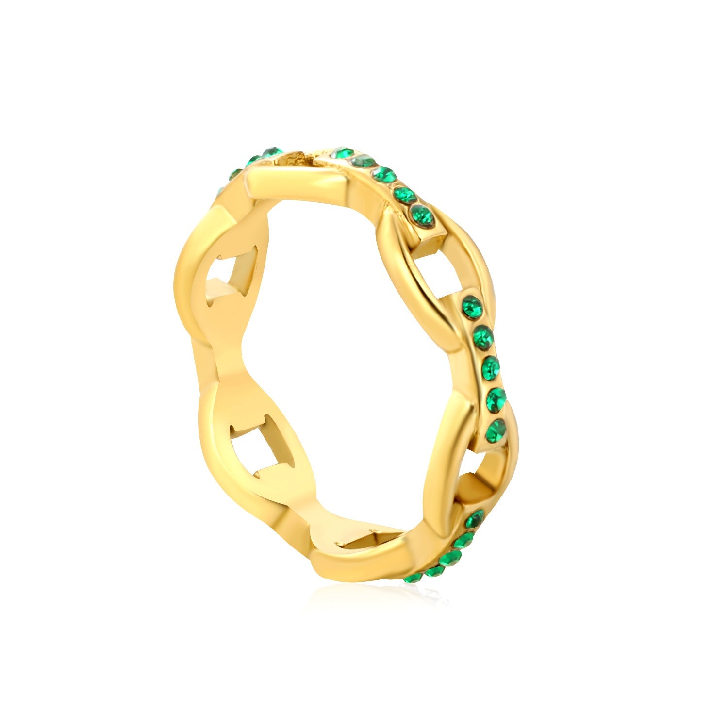 5mm high single-link chain with white/emerald green diamonds, gold ring asonjewelry