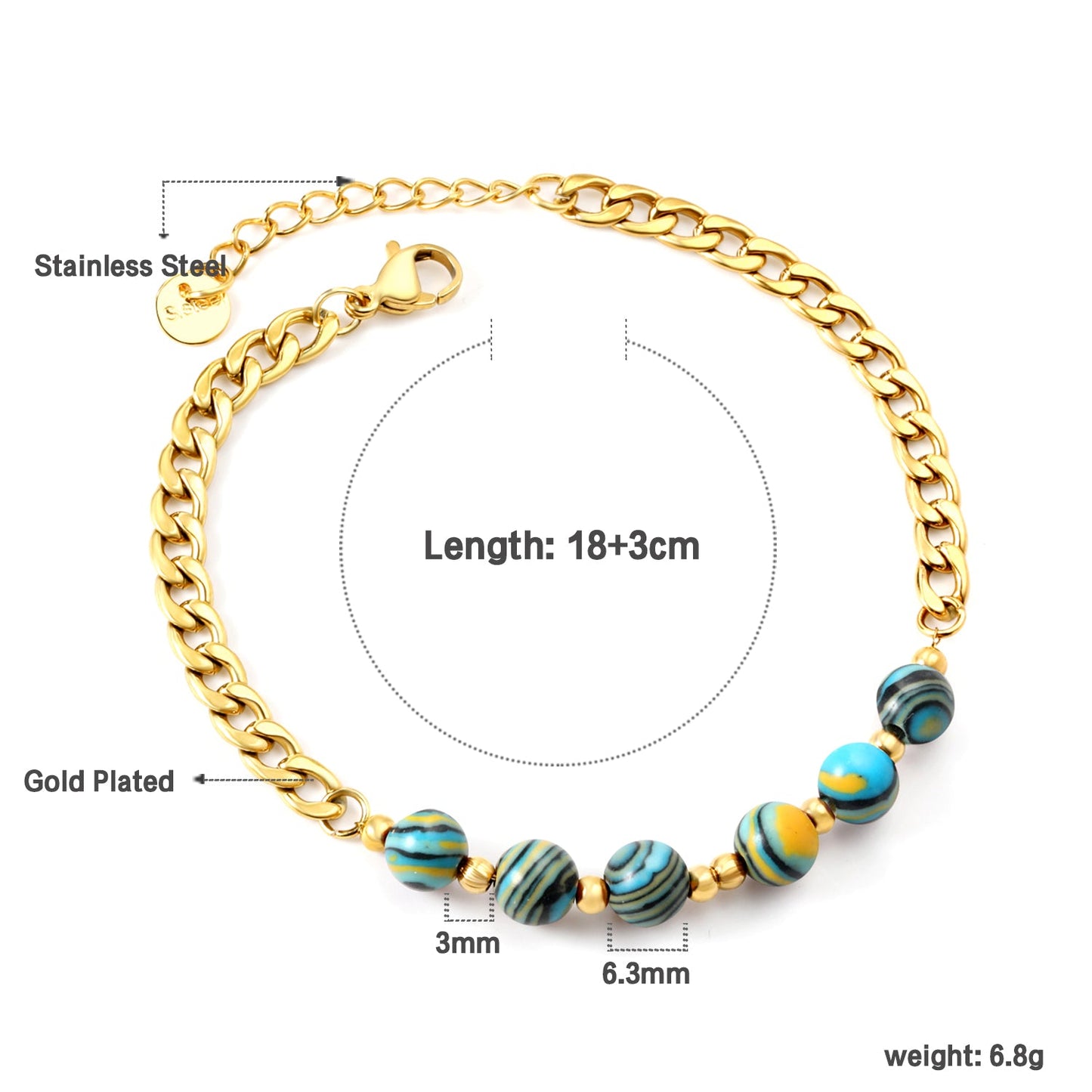 6 Blue and Yellow Natural Stone Bracelets 18+3cm asonjewelry