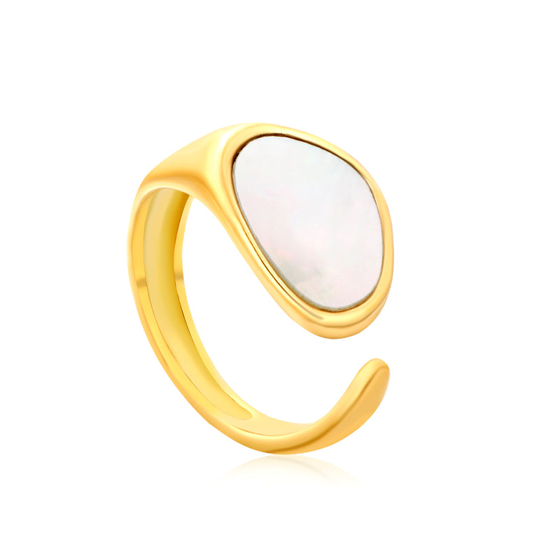 11.5mm Gold Open Ring with Geometric Real Mother - of - Pearl Inlay