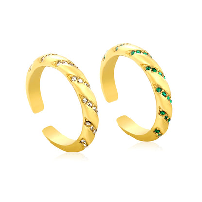 3.7mm Gold Open Ring with Twisted Band & White Diamond /Emerald Accents asonjewelry