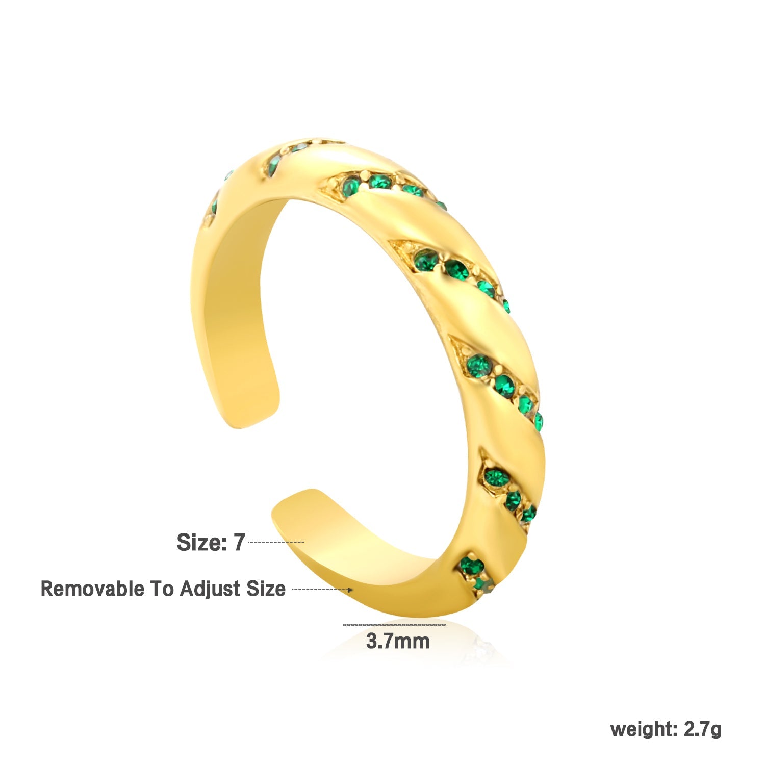3.7mm Gold Open Ring with Twisted Band & White Diamond /Emerald Accents asonjewelry