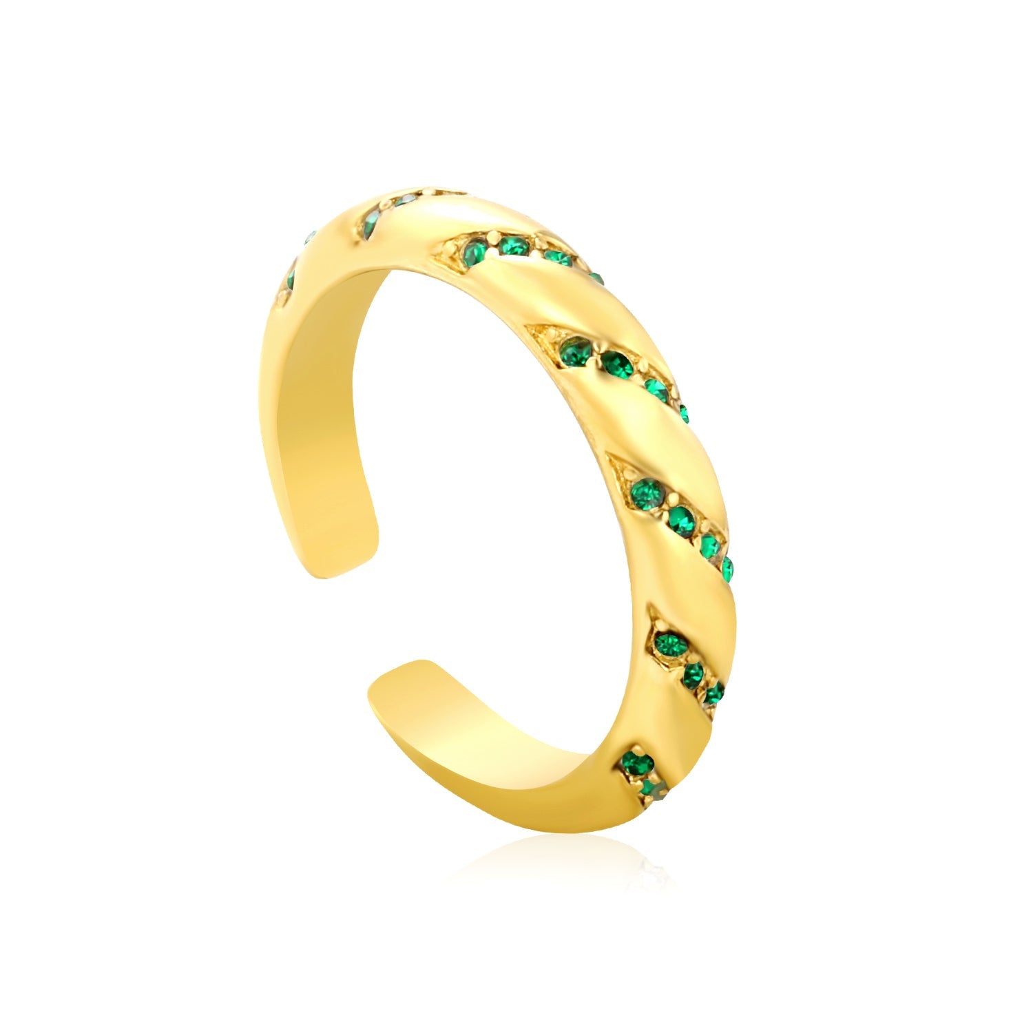 3.7mm Gold Open Ring with Twisted Band & White Diamond /Emerald Accents asonjewelry