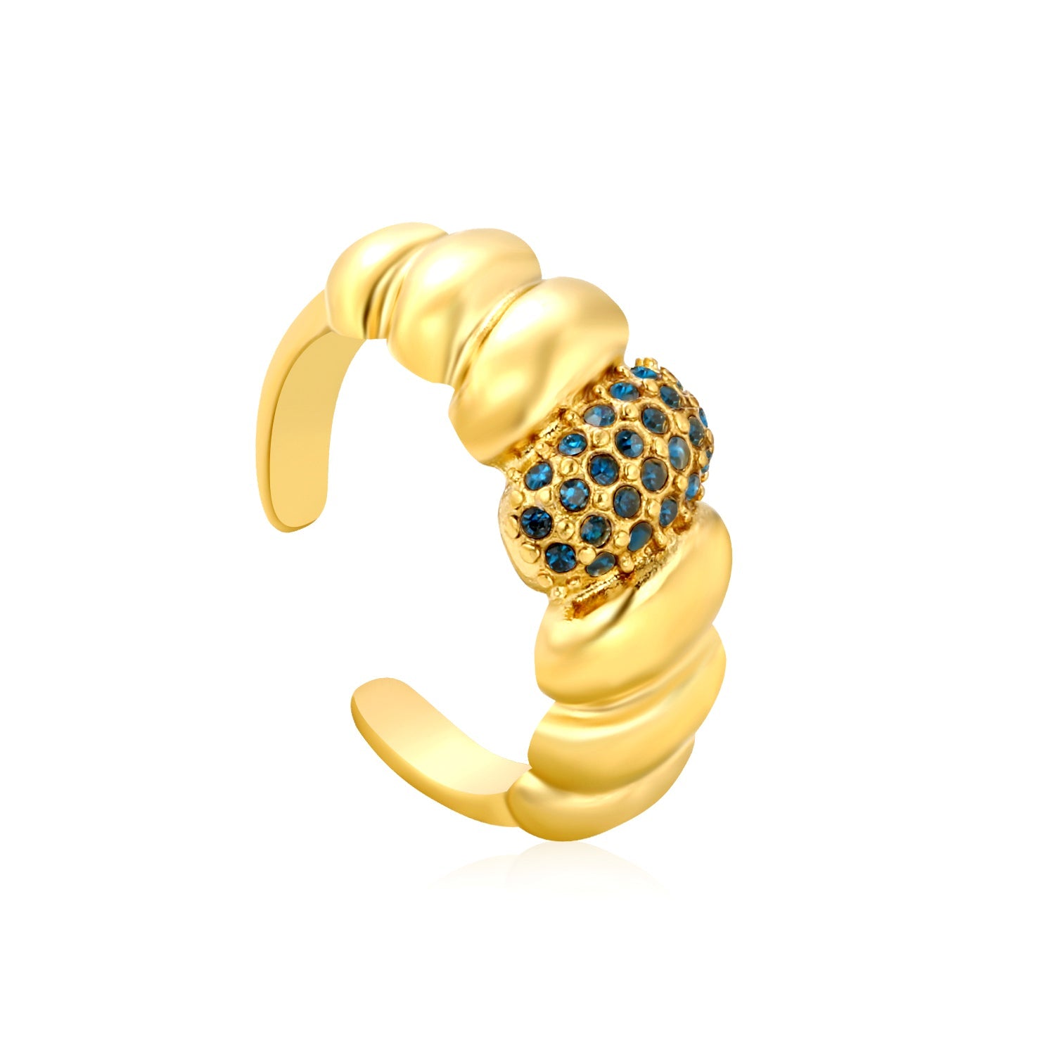 9.5mm Gold Open Ring with Croissant - shaped Setting and White/Royal Blue/Emerald Diamond Inlays asonjewelry