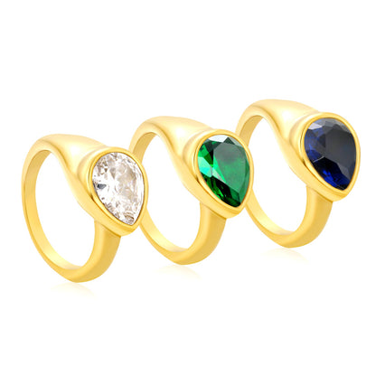 10.7mm teardrop white/emerald/royal blue diamond ring in gold asonjewelry
