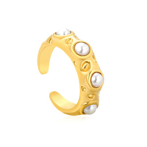 7mm Gold Open Ring with Irregular Hammered Texture and White Pearl/Tiger's Eye/Emerald Cat's Eye Inlays