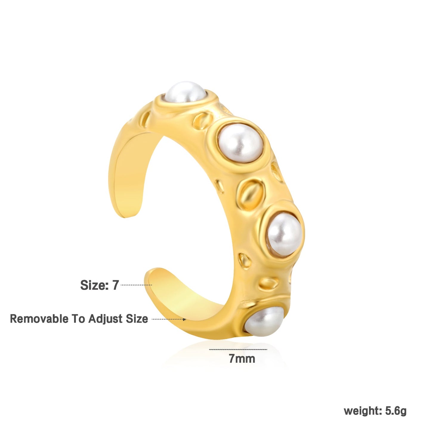 7mm Gold Open Ring with Irregular Hammered Texture and White Pearl/Tiger's Eye/Emerald Cat's Eye Inlays asonjewelry