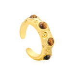 7mm Gold Open Ring with Irregular Hammered Texture and White Pearl/Tiger's Eye/Emerald Cat's Eye Inlays
